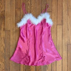 Vintage Y2k Satin Polka Dot Slip Dress Negligee with Feather Trim & Bows